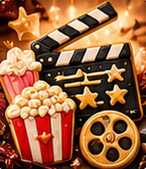 Movie night clapboard, popcorn and film reel cookies
