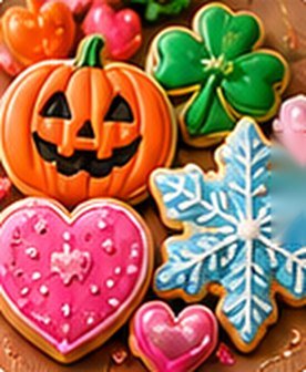 Pumpkin, heart, shamrock and snowflake holiday cookies