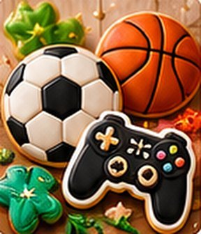 Soccer ball, basketball and game controller cookies